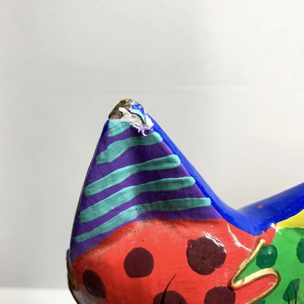 Hand-Painted Wooden Cat Figure Multicolor Folk Art Sculpture - Picture 11 of 14